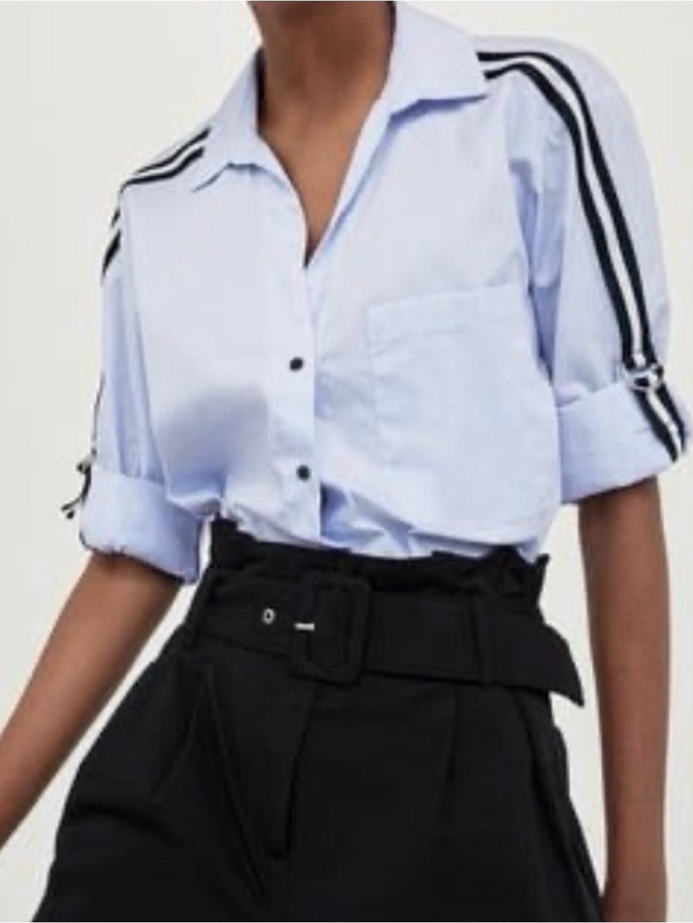 Zara Blue Button-Down Shirt Chain Trim Roll Tab Sleeves Large